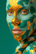 Close-up portrait of a woman with her face painted in golden and green scales that mimic the appearance of a snake's skin. World snake day concept makeup
