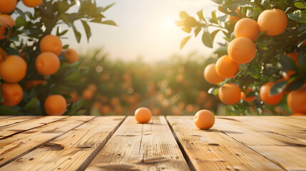 Poster - Empty wood table with free space over orange trees orange field background For product display montage : Generative AI