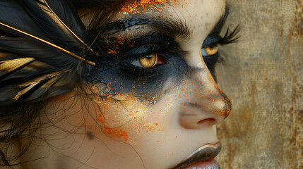 Wall Mural - Close-up of a woman with dramatic makeup and feathers, showcasing an artistic and intense expression.