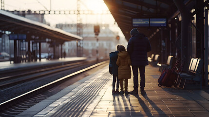 Poster - a family of three waiting on an empty railway platform for the arrival of a train : Generative AI