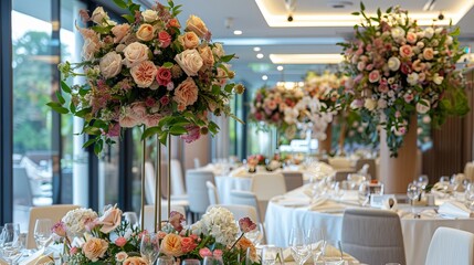 Flowers added to the restaurant for wedding decorations