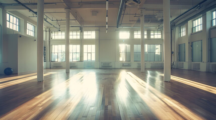 Poster - A spacious empty hall with columns and large windows A gym with wooden floors for yoga and fitness classes Interior design of the fitness center A large room without furniture : Generative AI