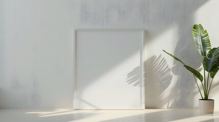 Poster - Mockup rectangle frame in minimalist interior background Empty frame with natural sunlight on white wall : Generative AI