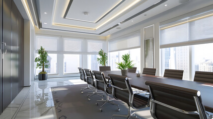Aufkleber - Part of ordinary office room decorated in modern style with meeting roomlarge windows with blindscarpetingventilationescape signswhite furniture tables shelves drawers and dark office  : Generative AI