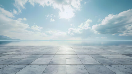 Poster - Empty square floor and lake with sky cloud landscape : Generative AI
