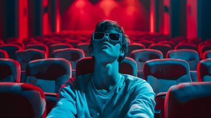 Aufkleber - cinema technology entertainment and people concept  young man with 3d glasses watching movie alone in empty theater auditorium : Generative AI