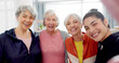 © peopleimages.com - Gym selfie, face and coach with women for fitness, yoga workout or happy with exercise class. Smile, team and portrait of a training person taking a photo with senior friends for wellness and sport