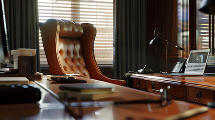 Fototapete - Directors office with large wooden table leather armchair and PC Interior design : Generative AI