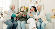 © peopleimages.com - Happy, glasses and senior women face on the living room sofa for fun, playing and comedy. Smile, laughing and portrait of elderly friends or people with sunglasses, bonding and comic on the couch