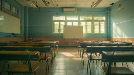 Poster - Lecture room or School empty classroom with desks and chair iron wood for studying lessons in high school thailand interior of secondary education with whiteboard vintage tone educatio : Generative AI