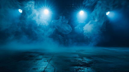 Poster - A dark empty street dark blue background an empty dark scene neon light spotlights The asphalt floor and studio room with smoke float up the interior texture night view : Generative AI