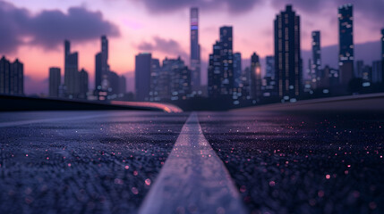 Aufkleber - asphalt road and modern city skyline with buildings at dusk : generative ai