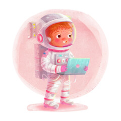 Wall Mural - Cute astronaut holding laptop white background (18)