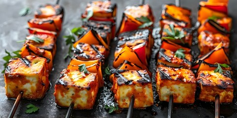 Wall Mural - Paneer Skewers: Grilled Delight on a Dark Background. Concept Food Photography, Indian Cuisine, Grilled Dishes, Paneer Recipes, Dark Food Photography