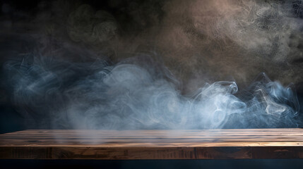 Poster - empty wooden table with smoke float up on dark background Empty Space for display your products : Generative AI