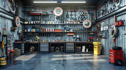 realistic 3d workshop garage with tools and equipment for auto repair digital illustration