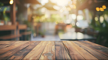 Poster - Empty wooden table space platform and blurred cafe or restaurant background for product display montage : Generative AI