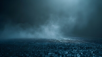 Poster - Dark street asphalt abstract dark blue background empty dark mountain range scene with smoke mist cold white float up for display products : Generative AI