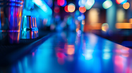 Aufkleber - Selective focus on the table board of a restaurant nightclub modern design background in neon blue light : Generative AI
