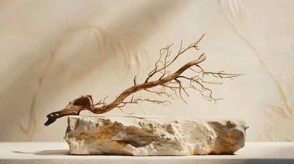 Leinwandbilder - Podium for exhibitions and product presentations material stone wood dry branches Beautiful beige background made from natural materials Abstract nature scene with composition : Generative AI