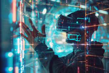 Poster - A man wearing a virtual reality headset looks at a screen