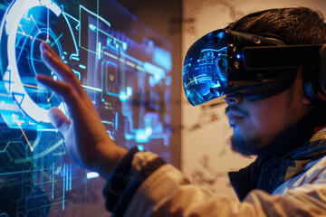 Wall Mural - A man wearing a virtual reality headset is touching a screen