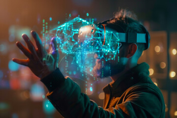 Poster - A man wearing a virtual reality headset looks at a brain