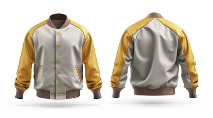 3D realistic baseball jacket, front and back view, silver with gold colored sleeves. White background, in the style of silver with gold colored sleeves.


