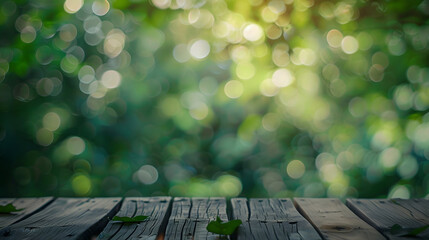 Aufkleber - Wood table top on blur green tree background for display or montage product : Generative AI