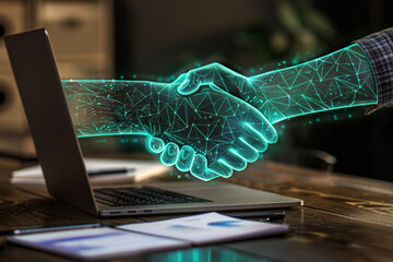 Poster - A person shaking hands with a glowing hand coming out of a laptop
