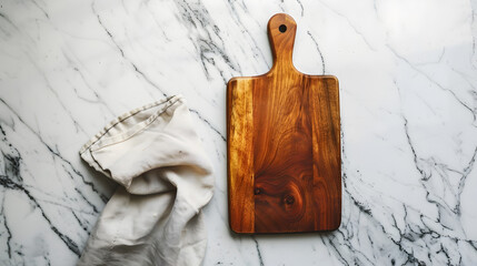 Aufkleber - Wood cutting board with napkin on marble table top view : Generative AI