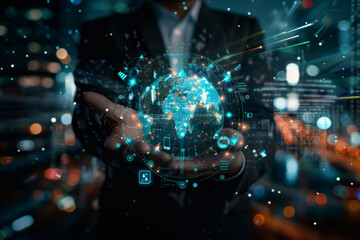 Poster - A man in a suit is holding a digital globe in his hands