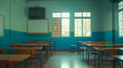 Poster - Lecture room or School empty classroom with desks and chair iron wood for studying lessons in high school thailand interior of secondary education with whiteboard vintage tone educatio : Generative AI