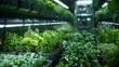 A greenhouse filled with plants, including lettuce and herbs