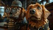 Two dogs wearing glasses and a hat are looking at the camera