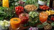A table full of fruits and vegetables in different colored glasses