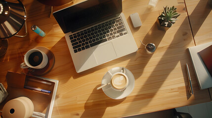 Poster - Top view of office table Wood office desk table with laptop cup of coffee and supplies : Generative AI