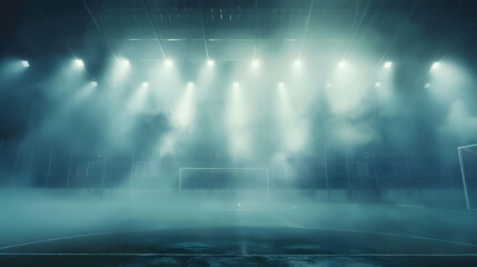 Wall Mural - Sports stadium with a lights background Textured soccer game field with spotlights fog midfield Concept of sport competition winning action empty area for championships studio room nig : Generative AI