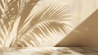 © Generative AI - Tropical palm tree shadow on cream wall and luxury marble table for product placement Natural layout design background Abstract summer light cosmetic stand mockup : Generative AI