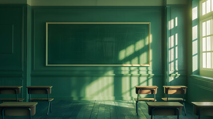 Aufkleber - Empty interior of classic school classroom with green Chalk board on the Wall : Generative AI