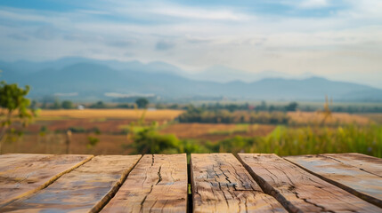 Wall Mural - The empty wooden brown table top with blur background of farmland and blue sky Exuberant image : Generative AI