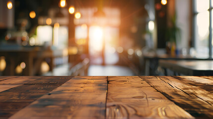 Aufkleber - Empty wooden table space platform and blurred resturant or coffee shop background for product display montage : Generative AI