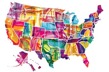 A colorful map of the United States with each state outlined in different vibrant colors