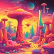 Bright and colorful illustration of an alien landscape. AI generative.