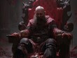 Bald dwarf tyrant on a large bloodstained throne. AI generative.