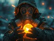 Stalker in uniform and gas mask holds a glowing anomaly in his hands. AI generative.