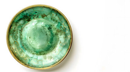 Aufkleber - Top viewAntique green plate made of jade and brass With beautiful patterns plate tea or coffee and hot water isolated on white background : Generative AI
