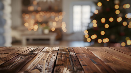 Poster - The empty wooden brown table top with blur background of home room in winter Exuberant image : Generative AI
