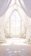 © Yash - elegant illustration of european wedding ceremony arch with white drapery and floral decorations, romantic backdrop design for wedding invitations and event marketing