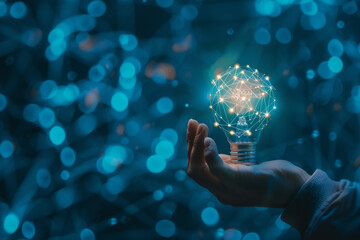 Poster - A hand is holding a light bulb with a glowing sphere inside of it